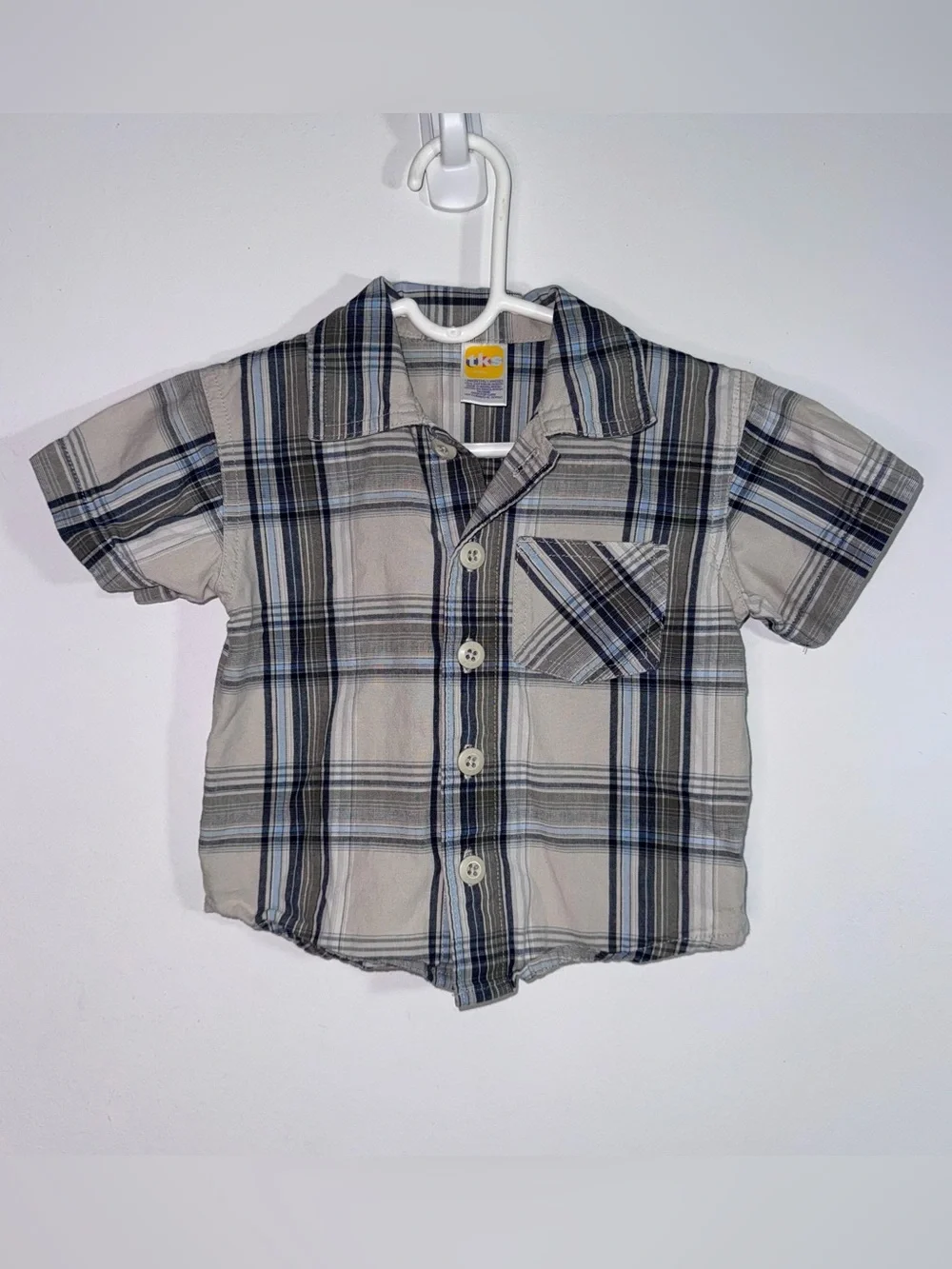 Vintage TKS Kids Boys 12M Plaid Short Sleeve Button Front Shirt 100% Cotton